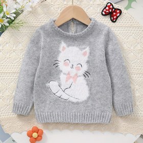 Resim XIXIJU Kızlar İçin Sevimli Kedi Desenli Örgü Kazak - Gençler İçin Yuvarlak Yaka, Uzun Kollu Kazak, Yumuşak Esnek Kumaş, Gri Beyaz ve Pembe Detaylarla, Tüm Mevsimler İçin Rahat Stil 