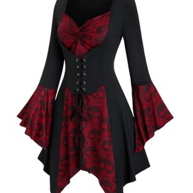Resim Kadınlar için Gotik Kafatası Baskılı Üst, Bağcıklı Bel & Fırfırlı Zil Kollu - Vintage Polyester, Makinede Yıkanabilir, Halloween için Mükemmel 