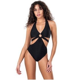 Resim Endeep Kadın Halka Aksesuarlı Dokulu Siyah Mayokini Siyah 