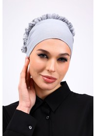 Resim Loggia Fırfırlı Dikişsiz Penye Bone Açık Gri - Kadın Tesettür Bağlamalı Topuz İç Bone Açık Gri 