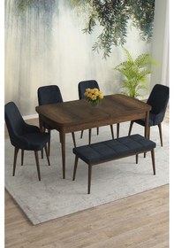 Resim Meri Serisi 80x132 Açılabilir Mdf Barok Ahşap Desen Masa Takımı 4 Gri Sandalye 1 Bench Antrasit 