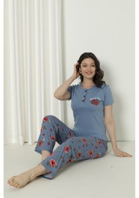 Resim Wordex Mirano 4126 Pamuklu Kısa Kollu Çiçekli Kadın Pijama Takımı Mavi 