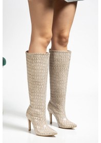 Resim Syt-2004 Bej Kroko Günlük Kadın Çizme Bej 