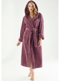 Resim Uzun Kapüşonlu Triga Bambu Cotton Bayan Bornoz MÜRDÜM 