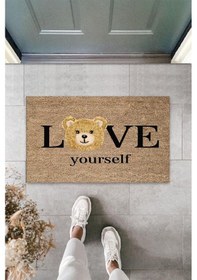 Resim Kahverengi Kapı Önü Paspası Love Yourself Ayıcık Desen K-3329 