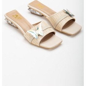 Resim Hasır Kelebek Taş Tokalı Bej Kadın Kısa Topuklu Terlik-3089-bej Bej 