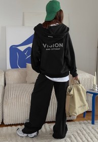 Resim Kadın Oversize Eşofman Takımı Vision Baskılı Siyah - Kapüşonlu Fermuarlı, Bağcıklı Bel, Boru paça - XL / SİYAH 