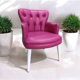 Resim Tekli Fuşya Deri Beyaz Ahşap Ayaklı Ofis Koltuk Kafe Koltuğu Sandalye Berjer Fuşya 