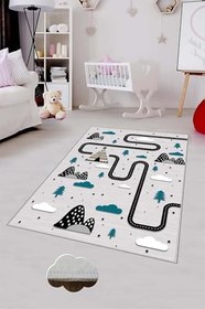 Resim Pelangi Gri Çadır Ve Trafik Yollu Yıkanabilir Kaymaz Taban Leke Tutmazbebek Ve Çocuk Odası Halısı, Gri-Mavi 40 x 40, 9013570844040 