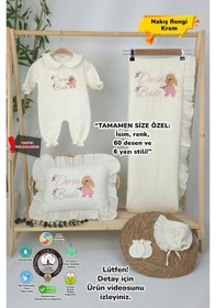 Resim Gros Shop Müslin Yeni Doğan 4katlı Organik %100pamuk Kişiye Özgü Nakışlı Hastane Çıkış Seti Tavşan Model-3 Ekru-2 