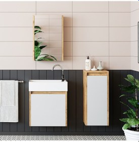 Resim Roomart Ayaksız Tek Kapaklı Lavabolu 50 Cm Banyo Dolabı+Ayna Atlantik Çam - Beyaz 