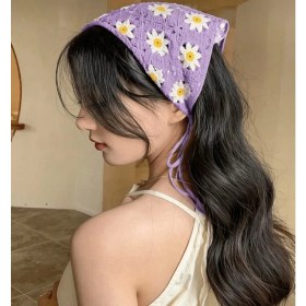 Resim Örgü Üçgen Bandana Mor Saç Bandı Kadın Genç Kız Çocuk Yazlık Bohem Vintage Kore Tarzı Ayçiçek 