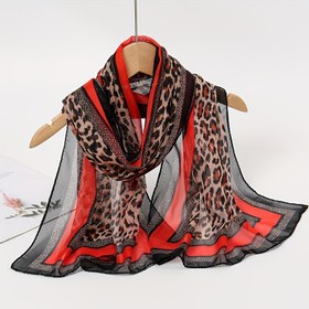Resim Kadınlar için Şık Leopar Desenli Şifon Eşarp - Yumuşak, Nefes Alabilen, Rüzgar Geçirmez Şal Kırmızı ve Siyah Vurgularla, Partiler, Akşam Gezileri ve Günlük Kullanım İçin Mükemmel 