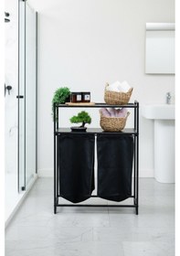 Resim Banyo/çamaşır Odası İçin 2 Raflı, 2 Bölmeli Metal Çamaşır Sepeti Ve Düzenleyici Raf Ünitesi - Siyah Siyah 