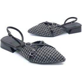 Resim Feles Toka Detaylı Kısa Topuklu Arkası Açık Kadın Babet Ayakkabı Siyah-beyaz 