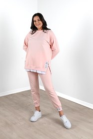 Resim Kadın Büyük Beden Yanları Fermuar Detaylı Eşofman Takımı 3613-23 - 4XL / Bej 