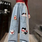 Resim 1 adet Kızlar için Yıkanmış Suni Kot - Esnek Bel Bandı Olmadan Geniş Bacaklı Pantolon, Her Gün ve Özel Günler İçin Klasik Mavi Suni Kot, Okul, Partiler, Aile Gezileri İçin Mükemmel - Bahar/Sonbahar Kız Giyimleri, Parti Kıyafetleri, Karikatür, Dayanıklı Kumaş, Açık Hava İçin Mükemmel, Kızlar İçin Pantolon/Spor/Suni Kot/Okul, Genç Kızlar İçin Giyim 