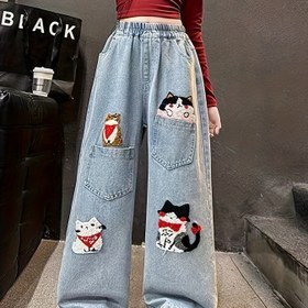 Resim 1 adet Kızlar için Yıkanmış Suni Kot - Esnek Bel Bandı Olmadan Geniş Bacaklı Pantolon, Her Gün ve Özel Günler İçin Klasik Mavi Suni Kot, Okul, Partiler, Aile Gezileri İçin Mükemmel - Bahar/Sonbahar Kız Giyimleri, Parti Kıyafetleri, Karikatür, Dayanıklı Kumaş, Açık Hava İçin Mükemmel, Kızlar İçin Pantolon/Spor/Suni Kot/Okul, Genç Kızlar İçin Giyim 