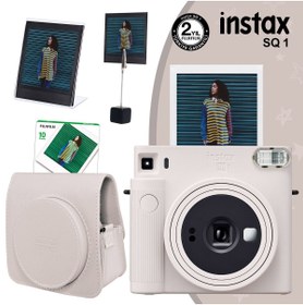 Resim Fujifilm Instax SQ1 Beyaz Fotoğraf Makinesi 10lu Kare Film Deri Kılıf Pleksi Çerçeve ve Kıskaçlı Stand 