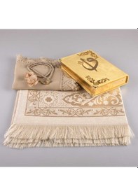 Resim Şal + Seccade + Tesbih + Kuran Hediye Seti (Hafız Boy, Kadife, Gold) 