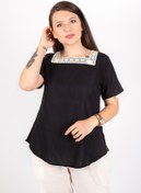 Resim Kardelen Butik Ümraniye Kadın Şile Bezi Kısa Kollu Dantel Yaka Siyah Bluz 