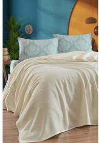 Resim Lastikli Çarşaflı Pike Takımı Çift Kişilik %100 Pamuk 4 Parça Post Desenli Krem Weave Serisi Krem 