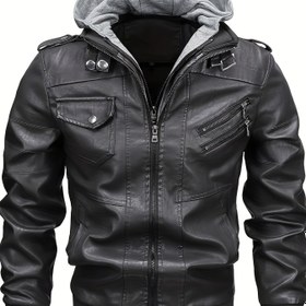 Resim Yeni Kapüşonlu Deri Ceket Rahat Mont 