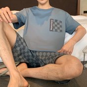 Resim Erkek Pamuklu Rahat 2 Parça Pijama Takımı, İnce Kısa Kollu Lounge Giyim & Şort, Moda Rahat Ev Giyim Takımı 