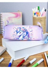 Resim Kalem Kutusu Unicorn World Üçgen Tasarım Vegan Deri Kalemlik Ve Makyaj Çantası 