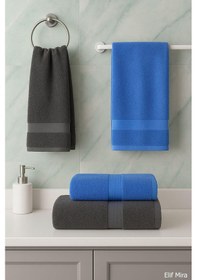Resim 4 Lü Banyo Havlusu Seti %100 Pamuklu 70x140 Cm Pleasure Antrasit-Mavi 