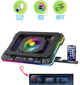 Resim Rever Gaming Laptop Notebook Soğutucu Stand Telefon Tutucu Stant 2200RPM RGB Işıklı Led Display 