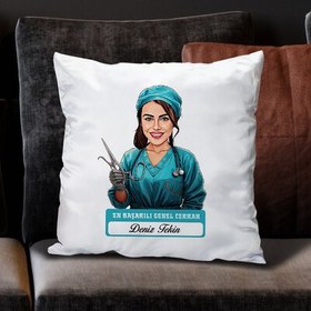 Resim En Başarılı Kadın Genel Cerrahı Karikatürlü Yastık 