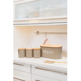 Resim Ahşap Kapaklı Metal Ekmeklik, Çay, Kahve, Şeker 4'lü Set 