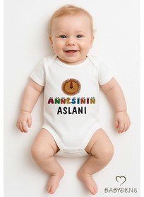 Resim Babyden's Annesinin Aslanı Yazılı Çıtçıtlı Bebek Body Tulum %100 Pamuk Kısa Kollu Zıbın Body Unisex Beyaz 