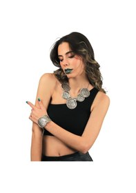 Resim Kadın Antik Gümüş Kaplama Geometrik Tasarım Etnik Baskılı Kolye & Bileklik Set Gümüş 