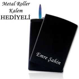 Resim Pigado Isme Özel Metal Siyah Pürmüz Alevli Çakmak + Kalem Hediyeli 