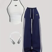 Resim 2 adet Kadın Modası Aktif Giyim Seti - Kolsuz Crop Top ve Yivli Detaylı Geniş Bacaklı Pantolon, Polyester, Y2K Tarzı, Tüm Mevsimler İçin Uygun, Rahat Kıyafet|Y2K Modası|Polyester Kumaş 