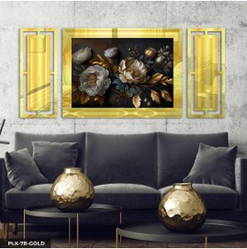 Resim Evinemoda Koyu Nilüfer Desenli 3 Parça Gold Pleksi Aynalı Yan Dekorlu Tablo 