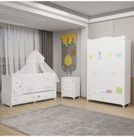 Resim Melina Yıldız 4 Kapaklı Bebek Odası + Yatak + Uyku Seti - Uykucu Beyaz 