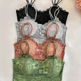 Resim Çiçek Desenli Kontrast Dantel Seksi Sırtı Açık Çift Askılı İç Çamaşırı Külot Dört Renk Seti 
