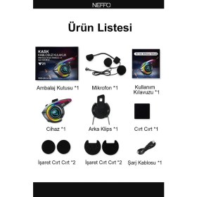 Resim Neffo Y21 Bluetooth Motosiklet Kask Kulaklığı - Renkli LED Işıklı, Interkom Destekli, Yüksek Ses Kalites 