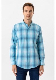 Resim Süvari Turkuaz Slim Fit Desenli Düğmeli Yaka Gömlek 