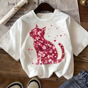 Resim Parlak Pembe Kedi ve Çiçek Desenli Kız Çocukları için Pullu Tişört - Sevimli Yuvarlak Yaka Kısa Kollu Üst, Yumuşak Polyester Kumaş, Yaz Gezileri ve Günlük Kullanım İçin Mükemmel, Kız Çocuk Gömlekleri 