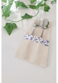 Resim 6 Adet Mor Bahar Çiçekli Keten Kaşıklık Servis Sunum 