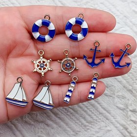 Resim 10 Adet Denizcilik Cazibesi Seti - Mavi Çapa, Can Simidi, Dümen, Yelkenli & Fener Kolye Uçları DIY Anahtarlıklar ve Kolyeler için - Alaşım Takı Yapım Malzemeleri 