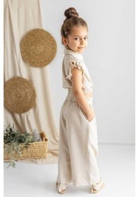 Resim Oliven The Kid Oliventhekid Bej Keten Pileli Yanları Lastikli Cepli Geniş Paça Kız Çocuk Pantolon Bej Bej 