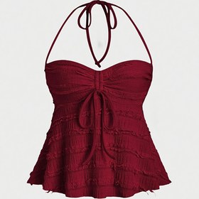 Resim Vintage Esintili Kırmızı Halter Üst Tekstürlü Kumaş ve Sahte İplik Detaylı - Şık Omuz Açık Tasarım, Makinede Yıkanabilir, Her Mevsim İçin Uygun, Günlük Şık Giyim | Zarif Yaka | Stil Sahibi Büzgülü 