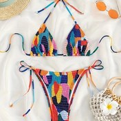 Resim Yüksek Esneklikli Kumaşla Kadınların Renkli Bağcıklı Bikini Seti - Plaj Temalı Baskı, Ayarlanabilir Askılı Tasarım, Yaz ve Tropikal Tatiller İçin Mükemmel, Plaj Kıyafeti|Oyunca Baskı|Ayarlanabilir Askılı Bikini 