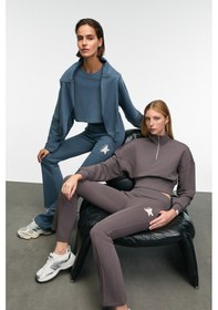 Resim ANOUK Kadın Pamuklu Baskı Ve Patch Detaylı Bisiklet Yaka Crop Petrol Mavisi Sweatshirt 