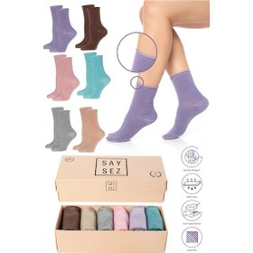 Resim Saysez Bambu Kadın Lastiksiz Renkli Soket Dikişsiz Premium Çorap Kutulu 6'lı / İz Bırakmaz / Sıkmayan Çorap Renkli 